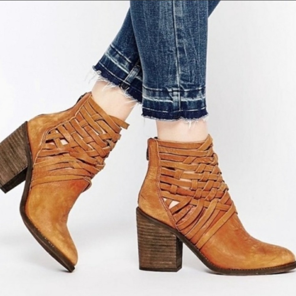 - Free People Brown Distressed Leather Carrera Criss-Cross Stacked Heel Bootie